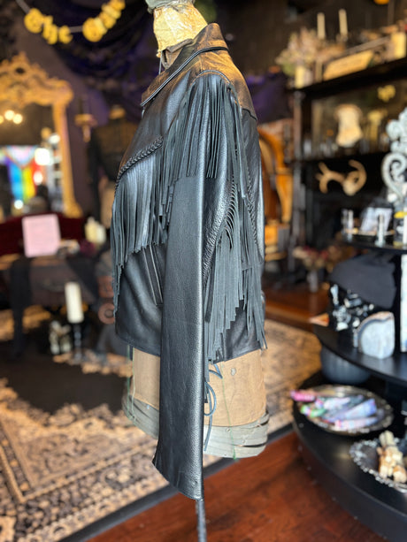 Vintage Wilson’s Open Road Black Leather Fringe Goth Cowboy Yallternative Motorcycle Biker Jacket