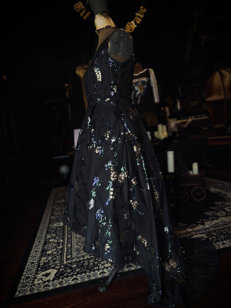 Calvin Klein Black Floral Sequin High Low Layered Foral Dress