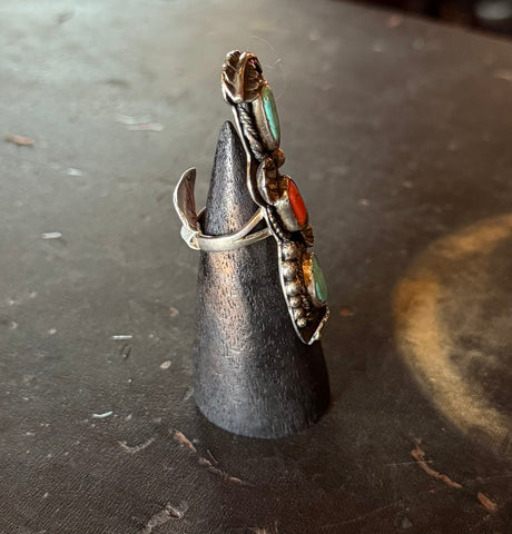 Sterling Silver Triple Stone Turquoise And Red Coral Ornate Ring