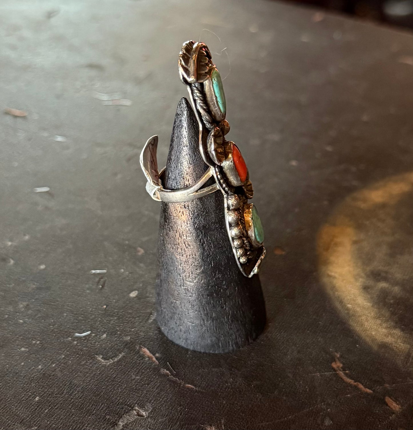 Sterling Silver Triple Stone Turquoise And Red Coral Ornate Ring