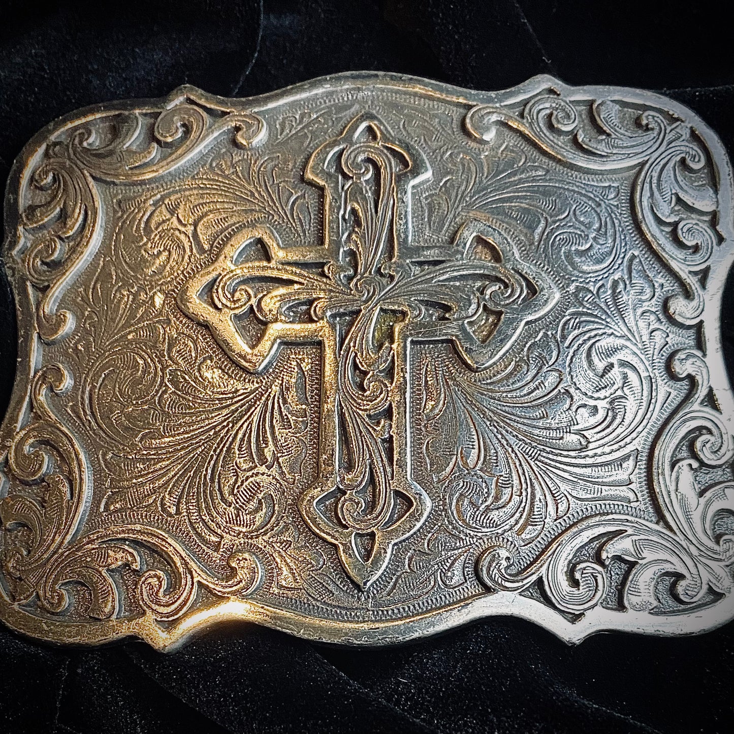 Stainless Steel Ornate Crucifix Engraved Belt Buckle