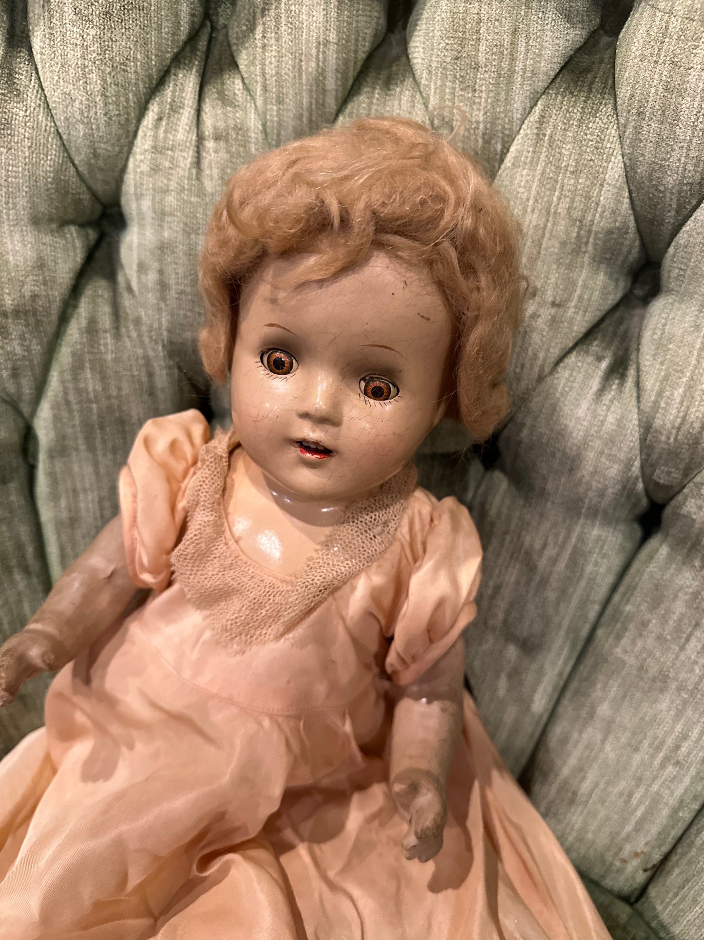 Antique Doll Open Close Eyes in Peach Dress
