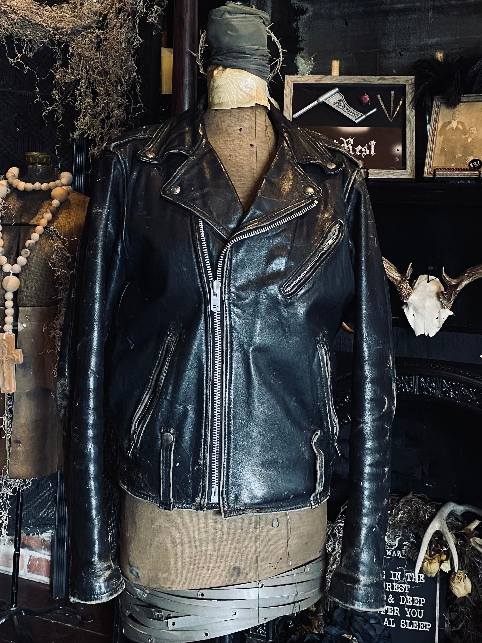 70's HARLEY-DAVIDSON 黒 サテンジャケット ブラック レア Vintage 70's Harley-Davidson Weathered Black Leather Motorcycle
