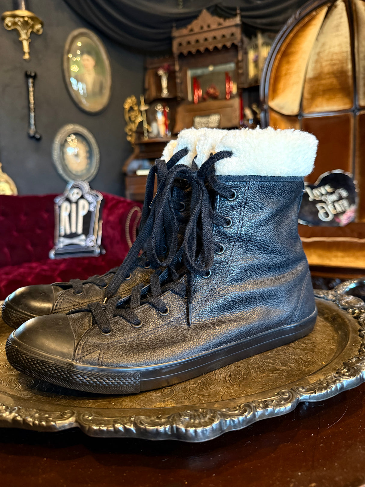 Black Leather Converse High Top Shearling Cuffed Sneakers