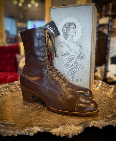 Antique ‘The Boston Favorite’ Brown Leather Deadstock Victorian Lace-Up Boots w/ Original Box