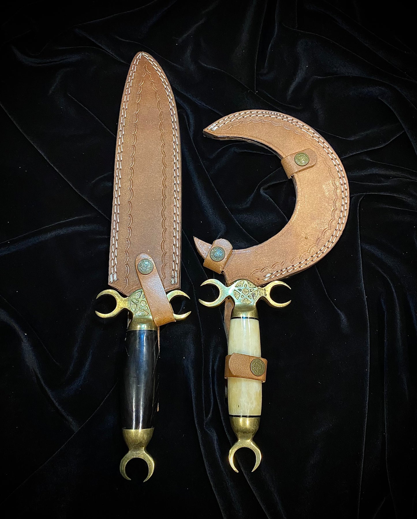Dual Ritual Athamé and Crescent Sickle Knife Set