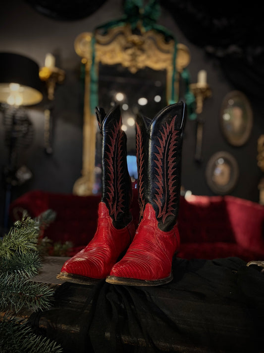 Tony Lama Red And Black Embroidered Lizard Leather Cowgirl Boots 7 Women’s