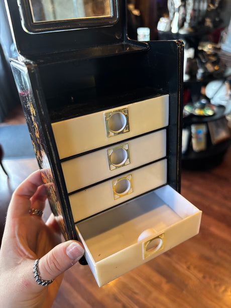 Adorable Vintage Black Floral Decorated Plastic Vanity Box with Shelves and Mirror