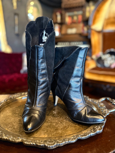 Vintage Black Smooth and Suede Leather Convertible High Heeled Boots