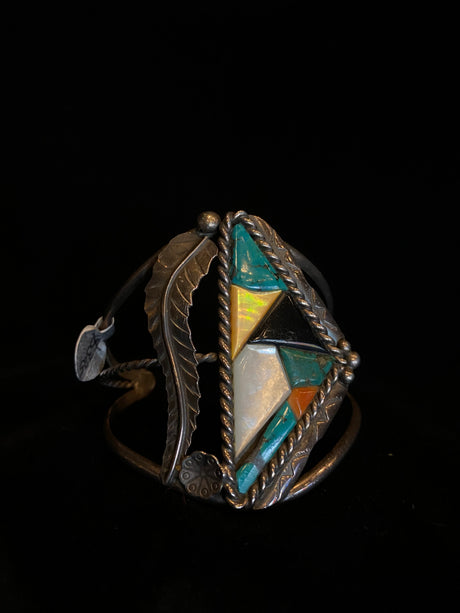 Vintage Sterling Silver Leaf Detail Multi-Stoned Cuff