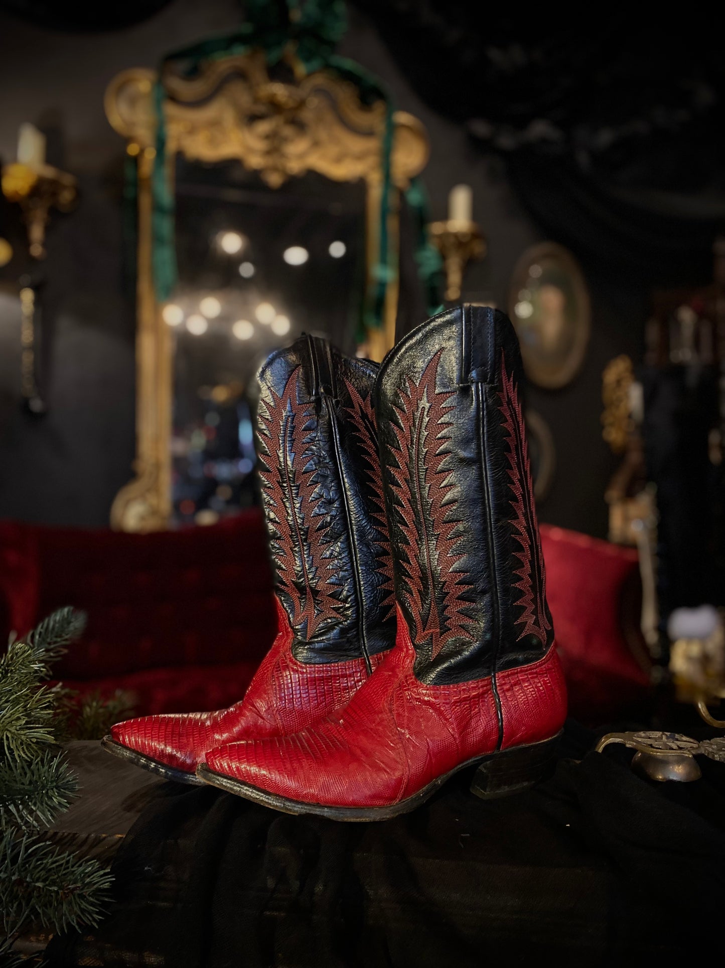 Tony Lama Red And Black Embroidered Lizard Leather Cowgirl Boots 7 Women’s