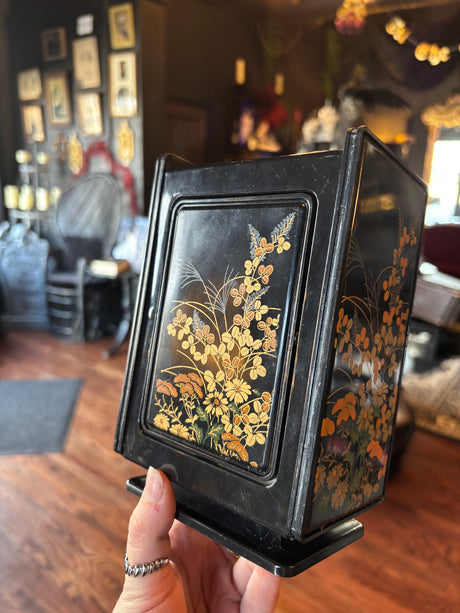 Adorable Vintage Black Floral Decorated Plastic Vanity Box with Shelves and Mirror