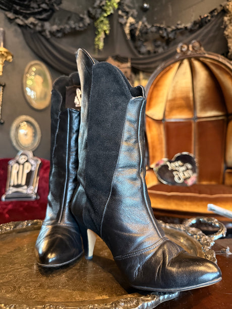 Vintage Black Smooth and Suede Leather Convertible High Heeled Boots