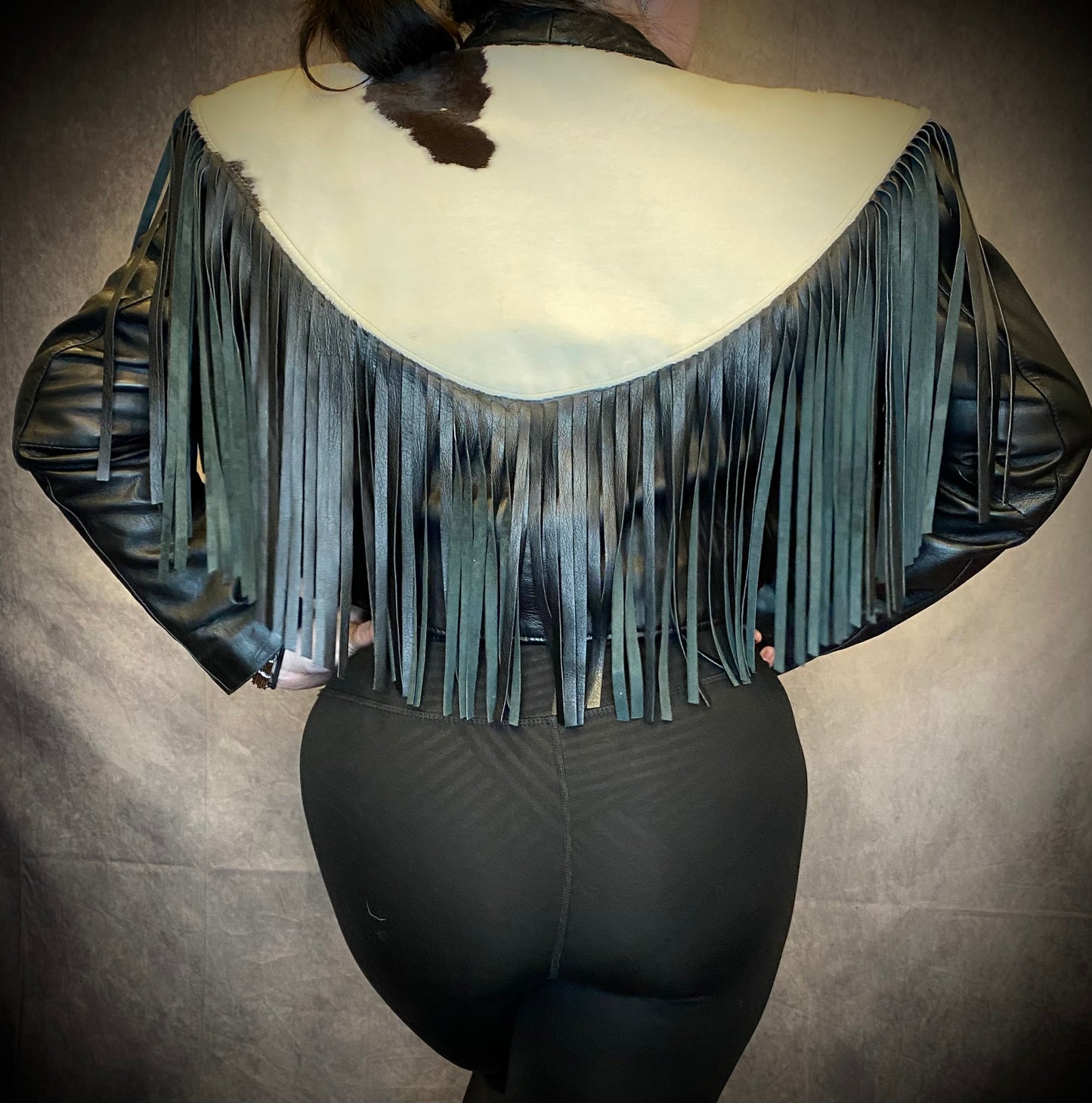 Vintage Continental Cowhide And Black Leather Fringed Cropped Jacket