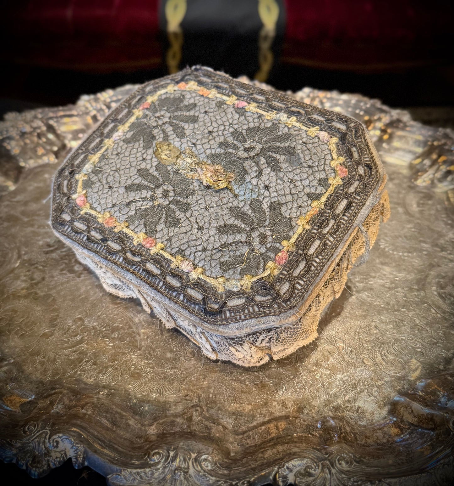 Antique Floral Lace Sewing Box