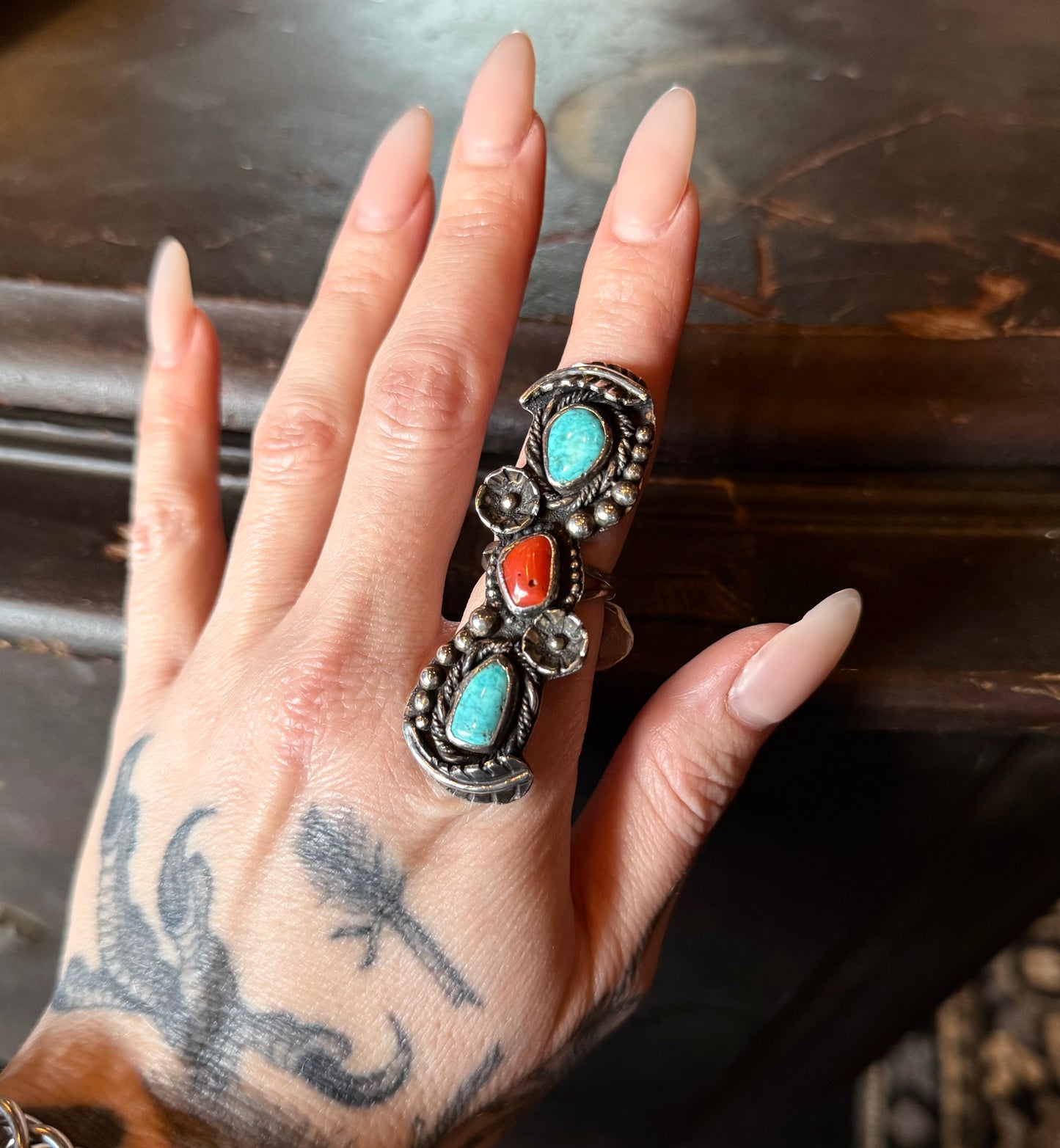 Sterling Silver Triple Stone Turquoise And Red Coral Ornate Ring