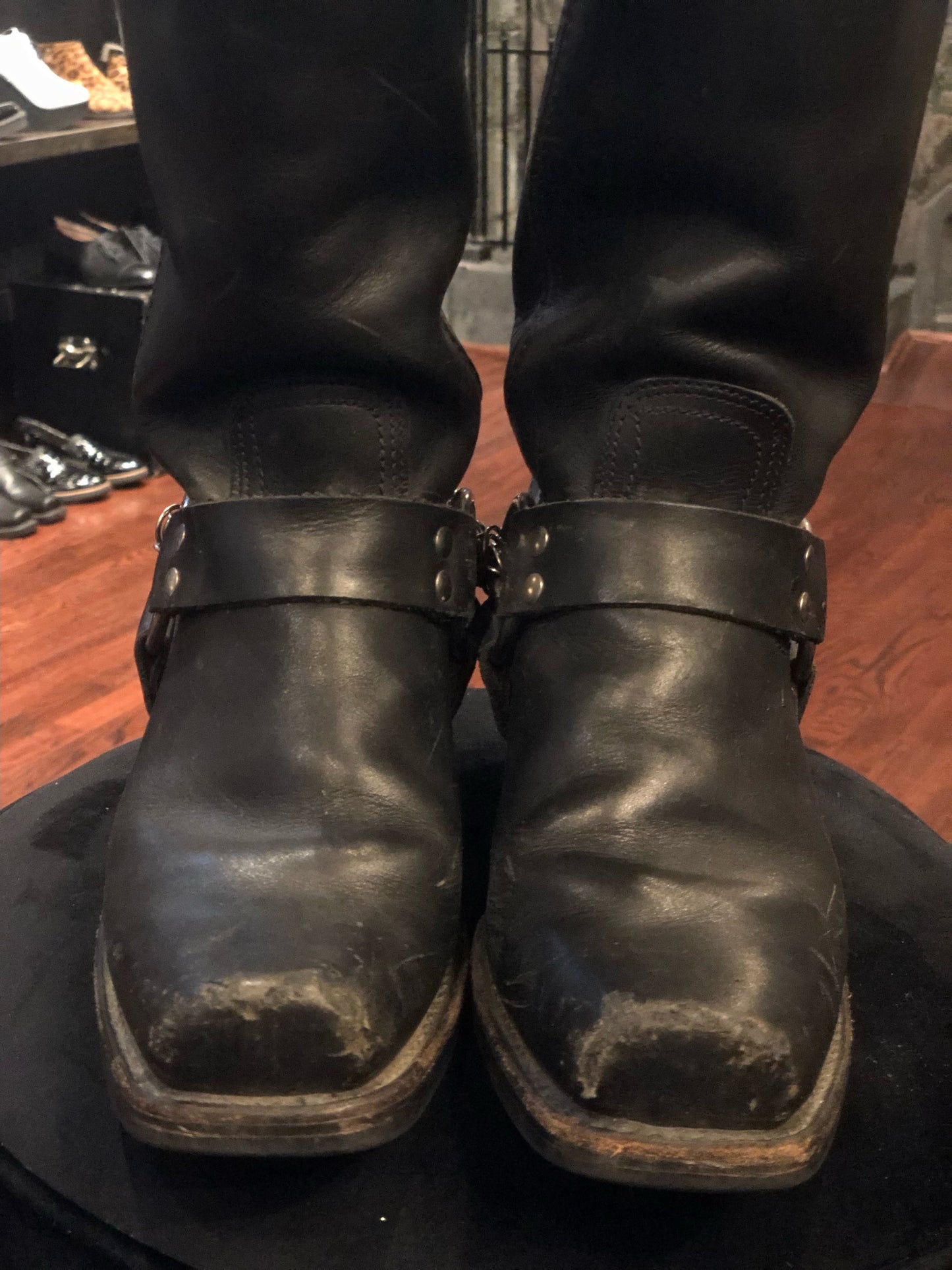 FRYE Black Boots with Custom Chainmail Boot Strap