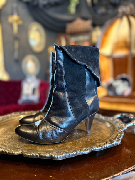 Vintage Black Smooth and Suede Leather Convertible High Heeled Boots