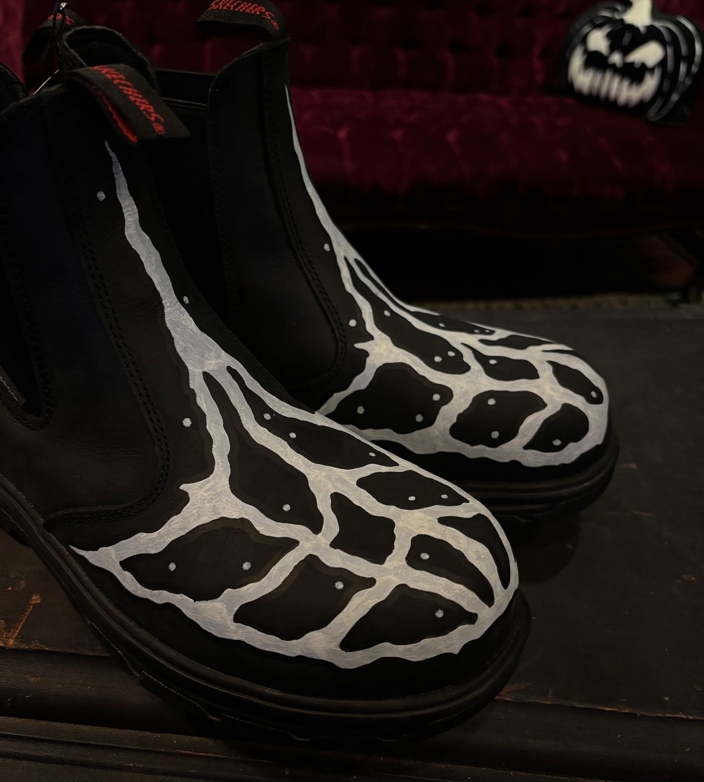 HEXXCROW Hand-Painted Spider Web Cybersigilism Style Black Leather Chelsea Boots Men’s Size 8