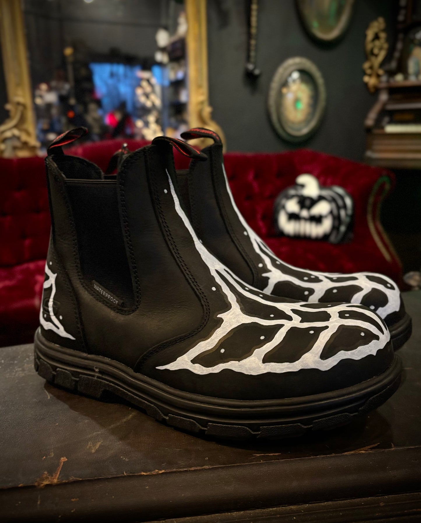 HEXXCROW Hand-Painted Spider Web Cybersigilism Style Black Leather Chelsea Boots Men’s Size 8