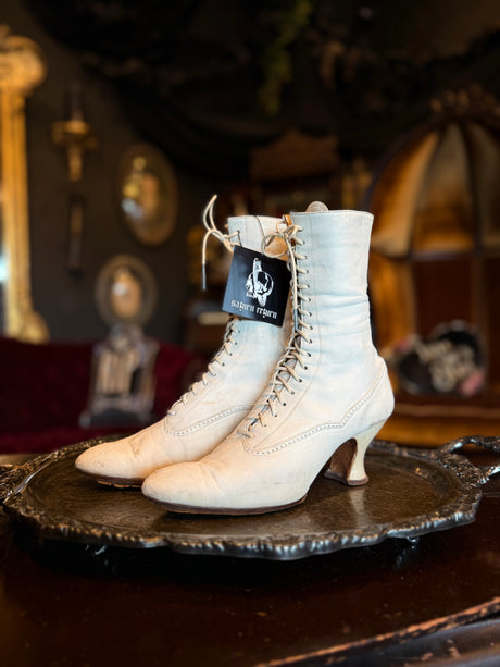 Antique Victorian White Leather Lace-Up Corset High Heeled Boots