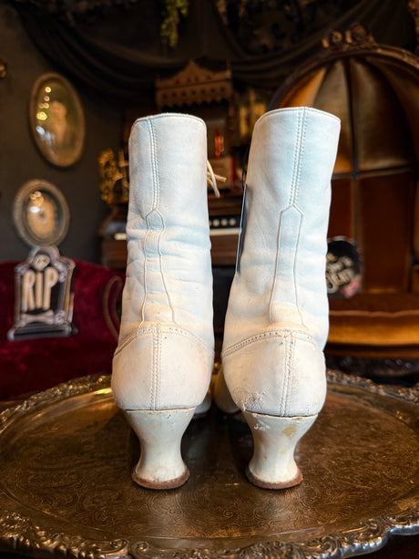 Antique Victorian White Leather Lace-Up Corset High Heeled Boots