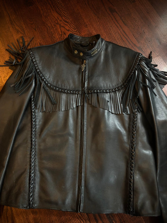 Willie G For Harley Davidson Black Leather Braided Fringe Jacket