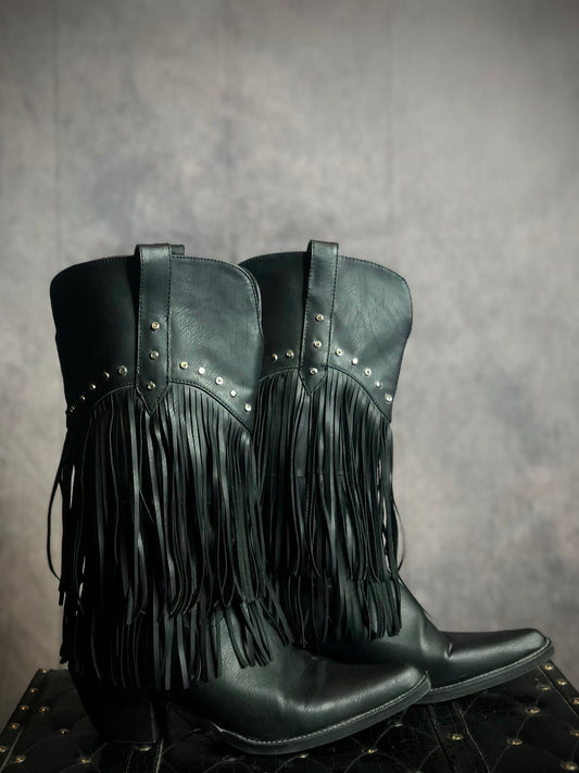 Roper Black Faux Leather Ultimate  Fringe Studded Cowboy Boots