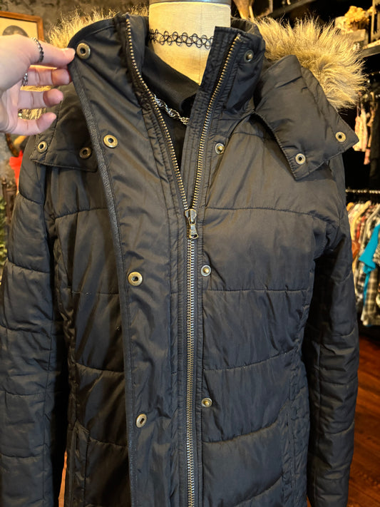 Black and Faux Fur Trim Hooded Puffer Parka Coat