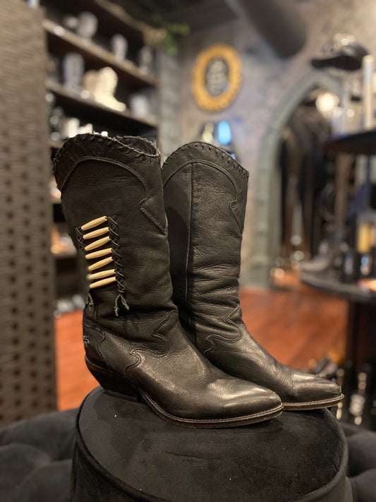 Vintage Zodiac Bone Detail Black Leather Cowboy Boots Size 7 Womens