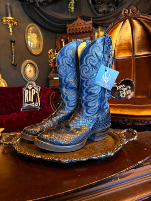 Tony Lama Dark Blue Teal Snakeskin Ornate Cowboy Boots