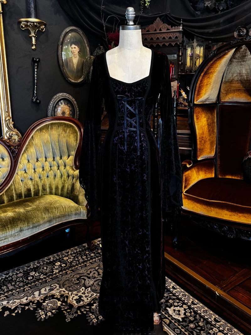 Vintage Morbid Threads Black and Plum Velvet Gothic Bat Wing Sleeve Maxi Dress