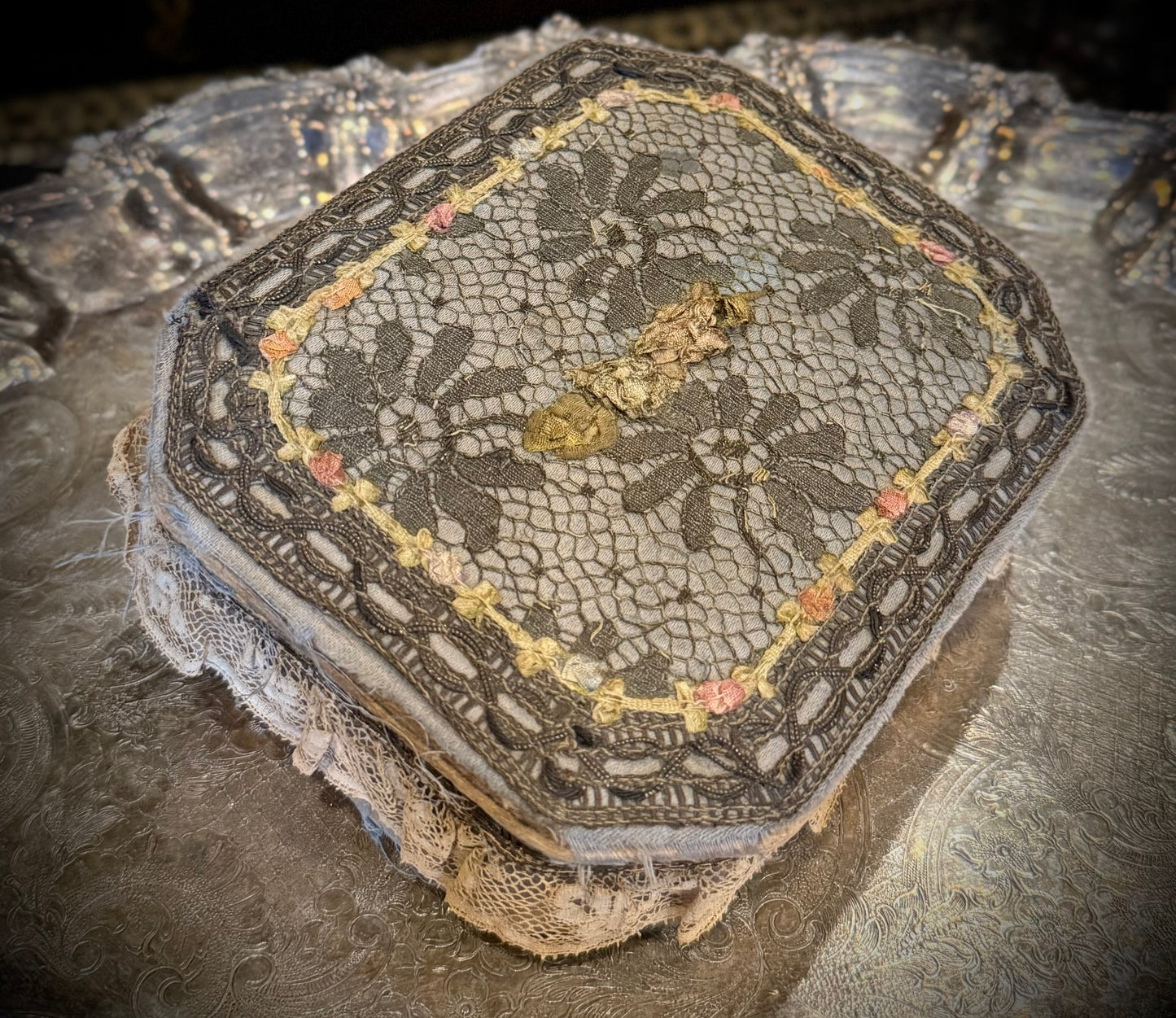 Antique Floral Lace Sewing Box