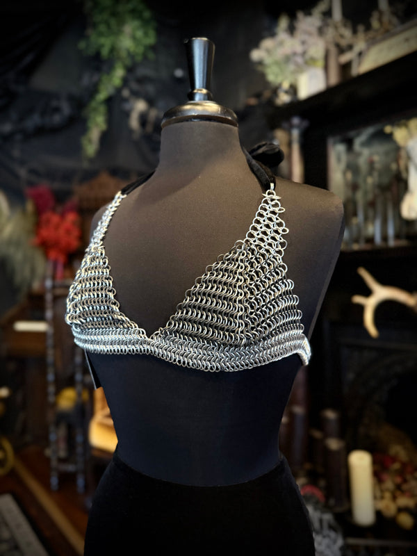 Handmade Silver & Black Velvet Chainmail Bikini Bra Halter Top
