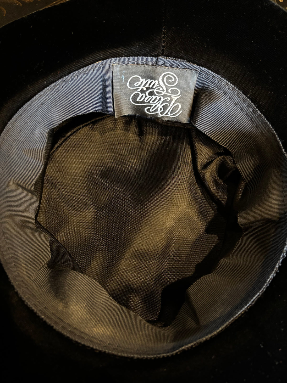 Vintage Ruched Black Velvet Bucket Top Hat