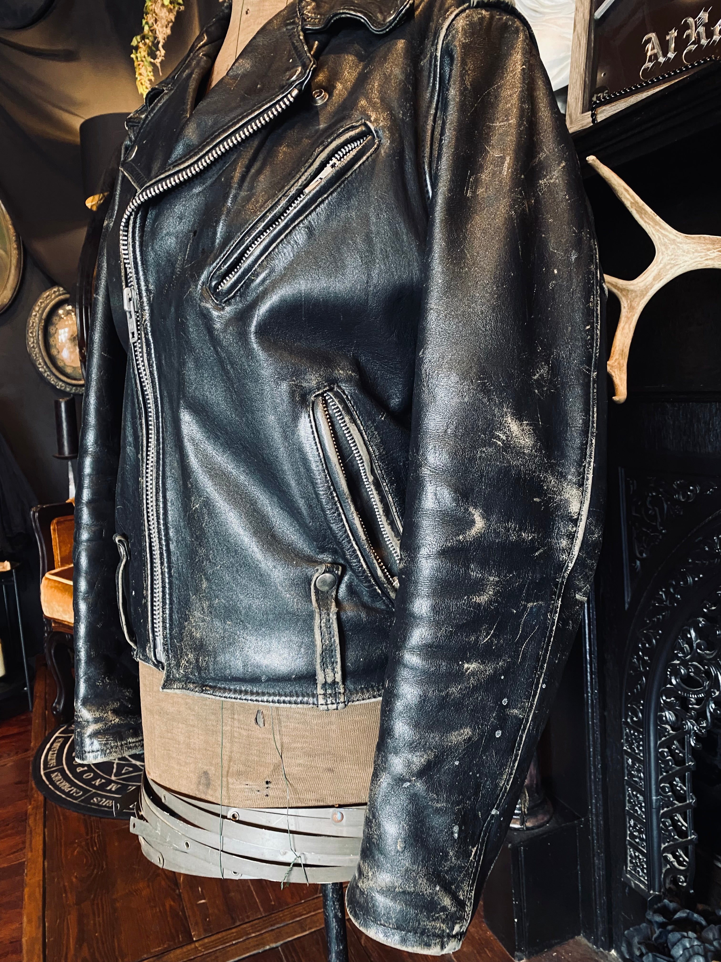 Vintage 70's Harley-Davidson Weathered Black Leather Motorcycle
