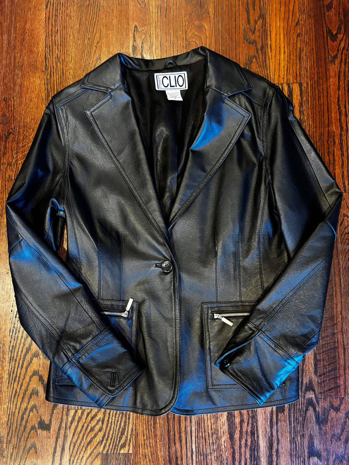 Vintage Clio Black Leather Zipper Pocket Blazer