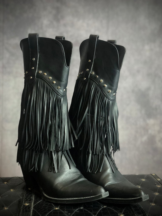 Roper Black Faux Leather Ultimate  Fringe Studded Cowboy Boots