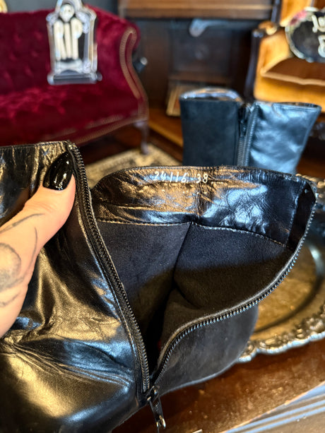 Vintage Black Leather and Suede Button Snap Detail Heeled Boots