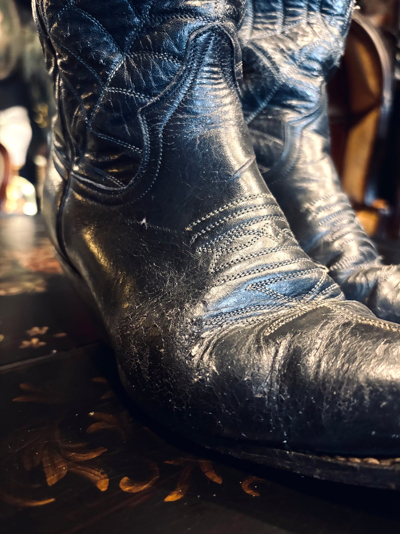 Vintage Goth Spiderweb Black Leather Cowboy Boots