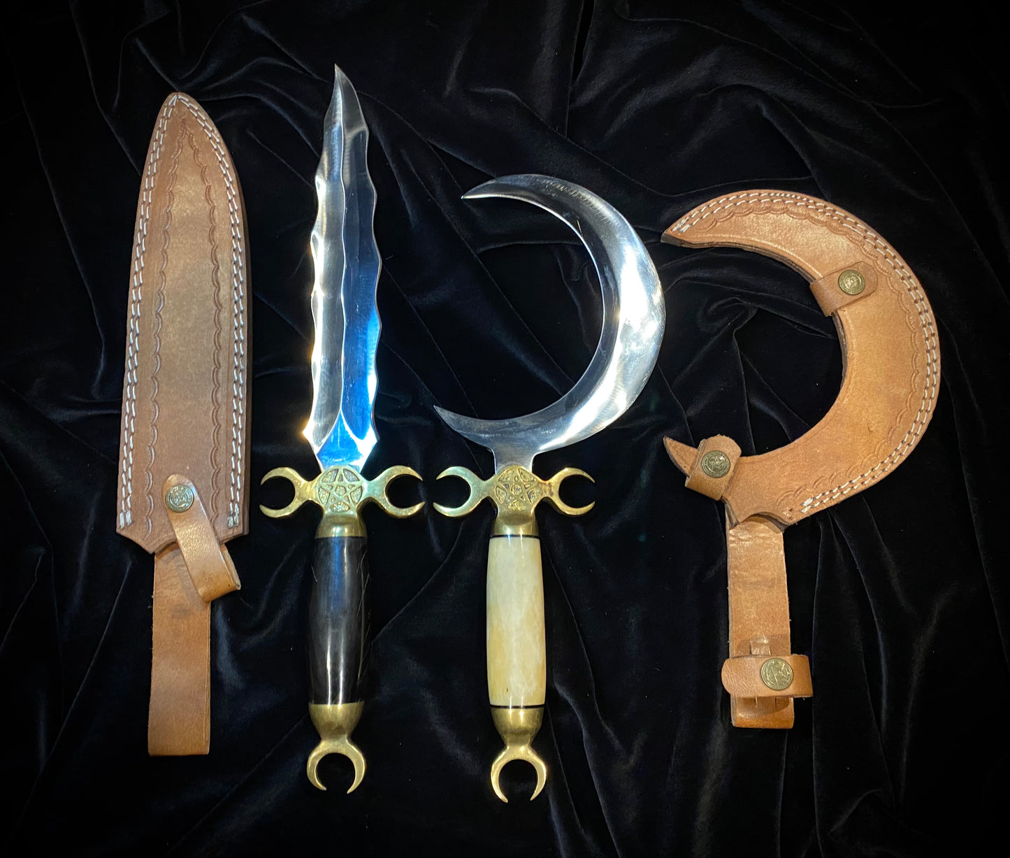 Dual Ritual Athamé and Crescent Sickle Knife Set