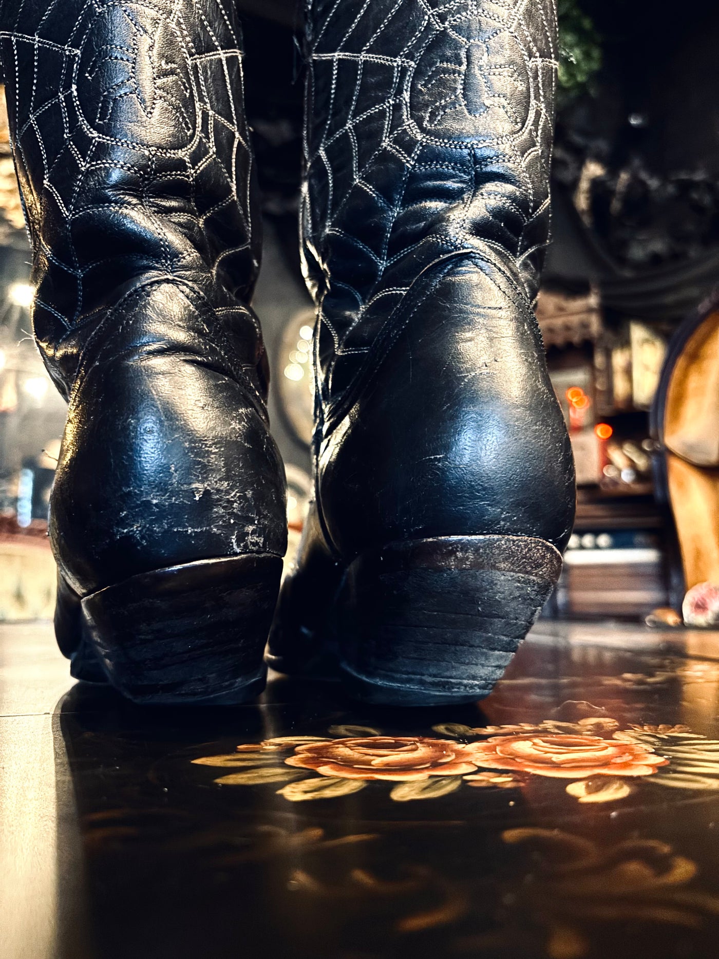 Vintage Goth Spiderweb Black Leather Cowboy Boots