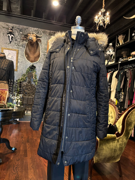 Black and Faux Fur Trim Hooded Puffer Parka Coat