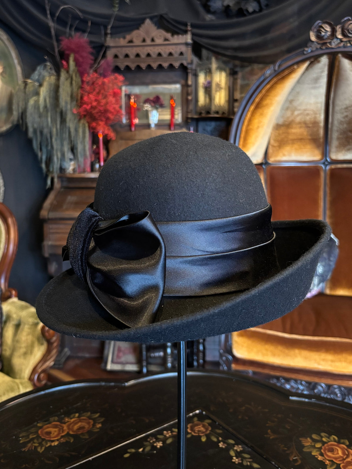 Vintage Inspired Black Wool Felt Bow Bowler Hat