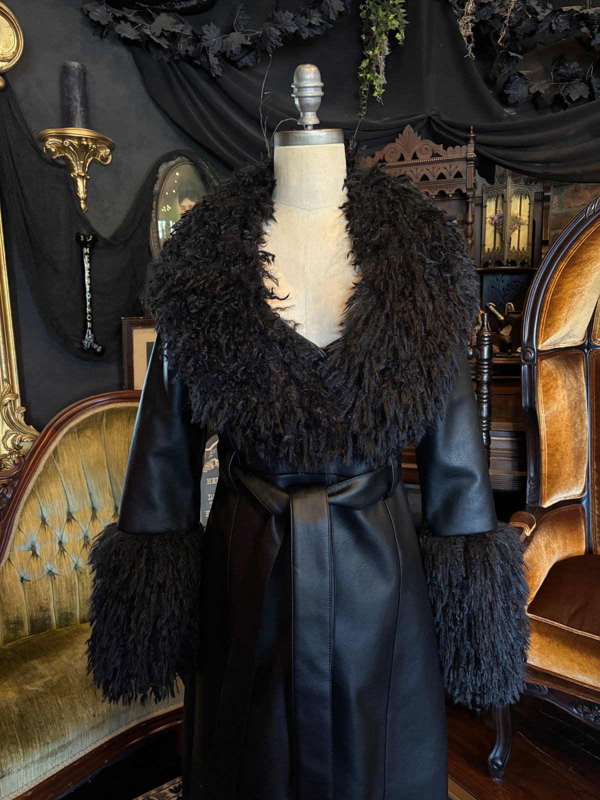 Epic Killstar Discontinued Black Vegan Leather Faux Fur Trim Long Winter Coat