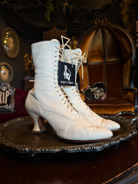 Antique Victorian White Leather Lace-Up Corset High Heeled Boots