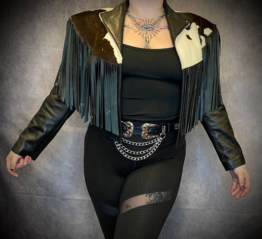 Vintage Continental Cowhide And Black Leather Fringed Cropped Jacket