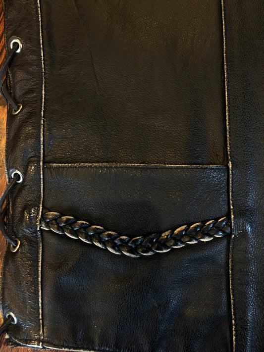 Interstate Black Leather Snap Button Vest w/ Braided Details