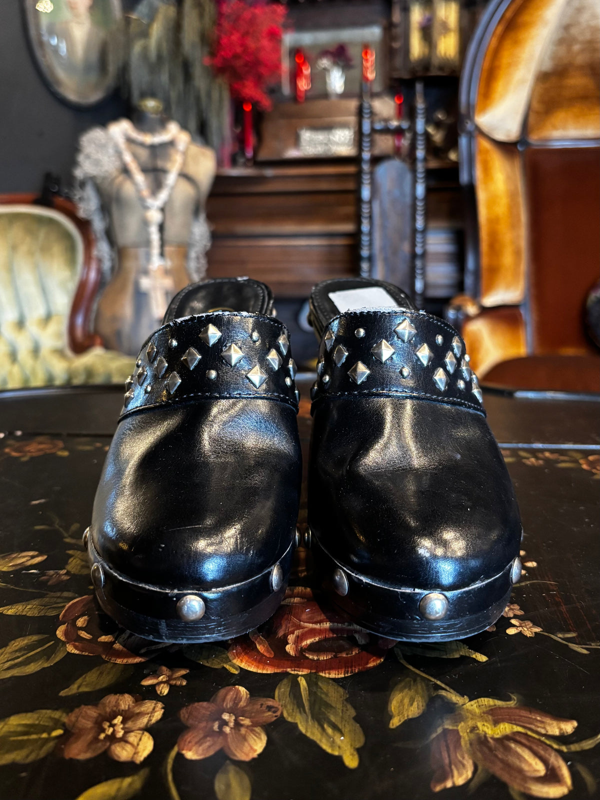 Y2K Chaps Black Silver Studded High Heel Mules