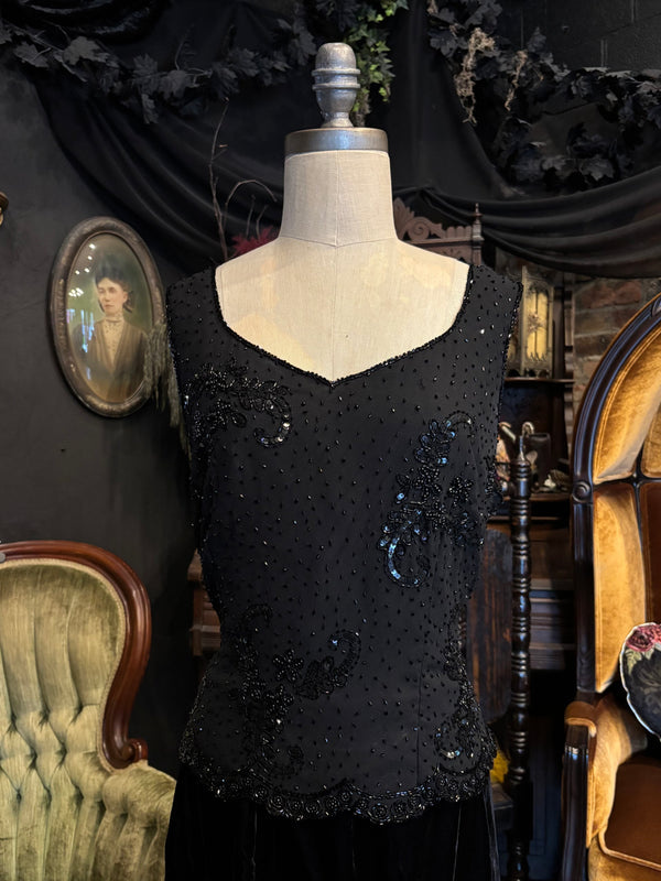 90s Beaded and Flower Sequin Sleeveless Blouse